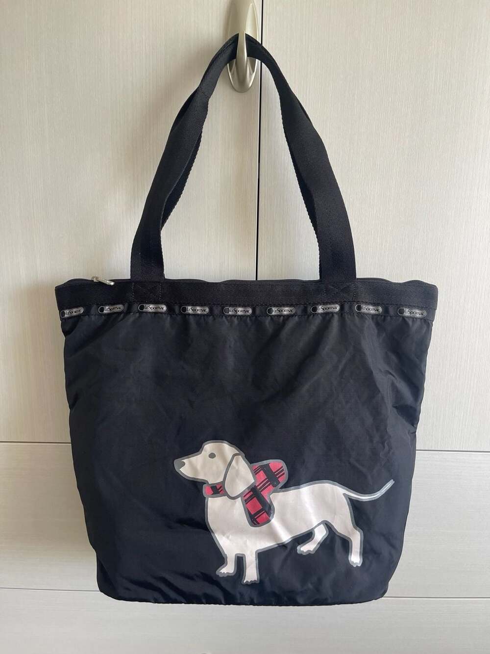LeSportsac Black Nylon Tote Bag Dachshund and Pug Dog Print
